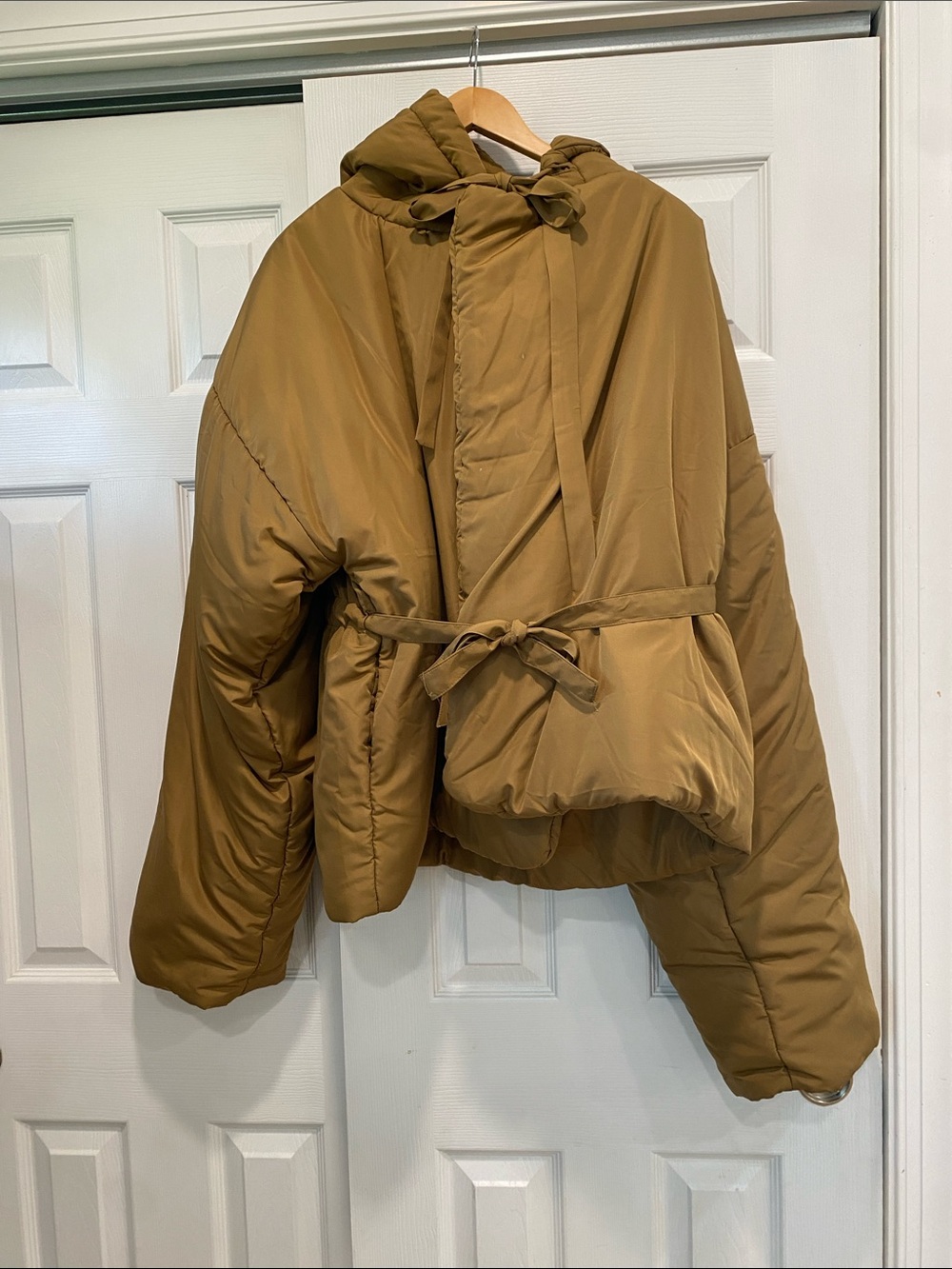 Norma Kamali Hooded Belted Puffer Jacket in Tan Brown (stain on inside collar)